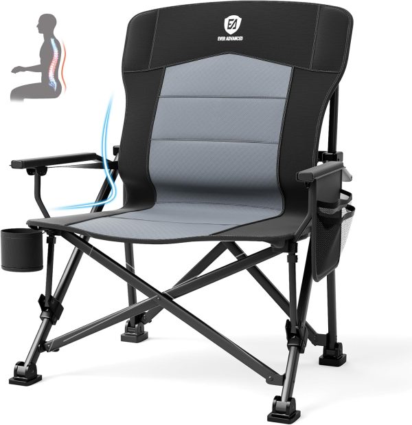 EVER ADVANCED Oversized Folding Camping Chair for Adults with Adjustable Lumbar Support, Heavy Duty Chair with Side Pockets, Portable Collapsible Quad Chair for Outside, Support Up to 500lbs,Black