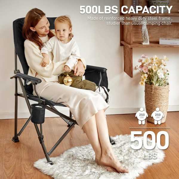 EVER ADVANCED Oversized Folding Camping Chair for Adults with Adjustable Lumbar Support, Heavy Duty Chair with Side Pockets, Portable Collapsible Quad Chair for Outside, Support Up to 500lbs,Black - Image 6