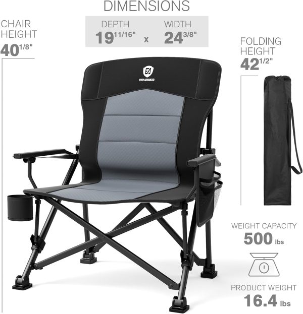 EVER ADVANCED Oversized Folding Camping Chair for Adults with Adjustable Lumbar Support, Heavy Duty Chair with Side Pockets, Portable Collapsible Quad Chair for Outside, Support Up to 500lbs,Black - Image 9